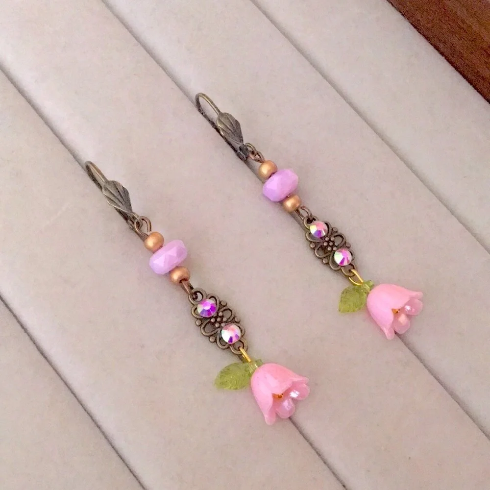 Aurora Borealis Crystal + Antique Brass Gold Pink Flower Boho Drop Earrings